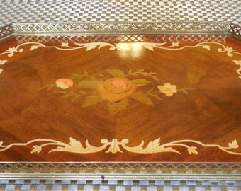 Beautiful Vintage Italian Inlaid Wood And Brass Tray 14" x 9"