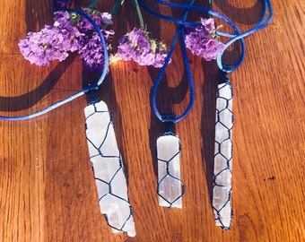 Selenite wire wraped pendant with satin adjustable cord