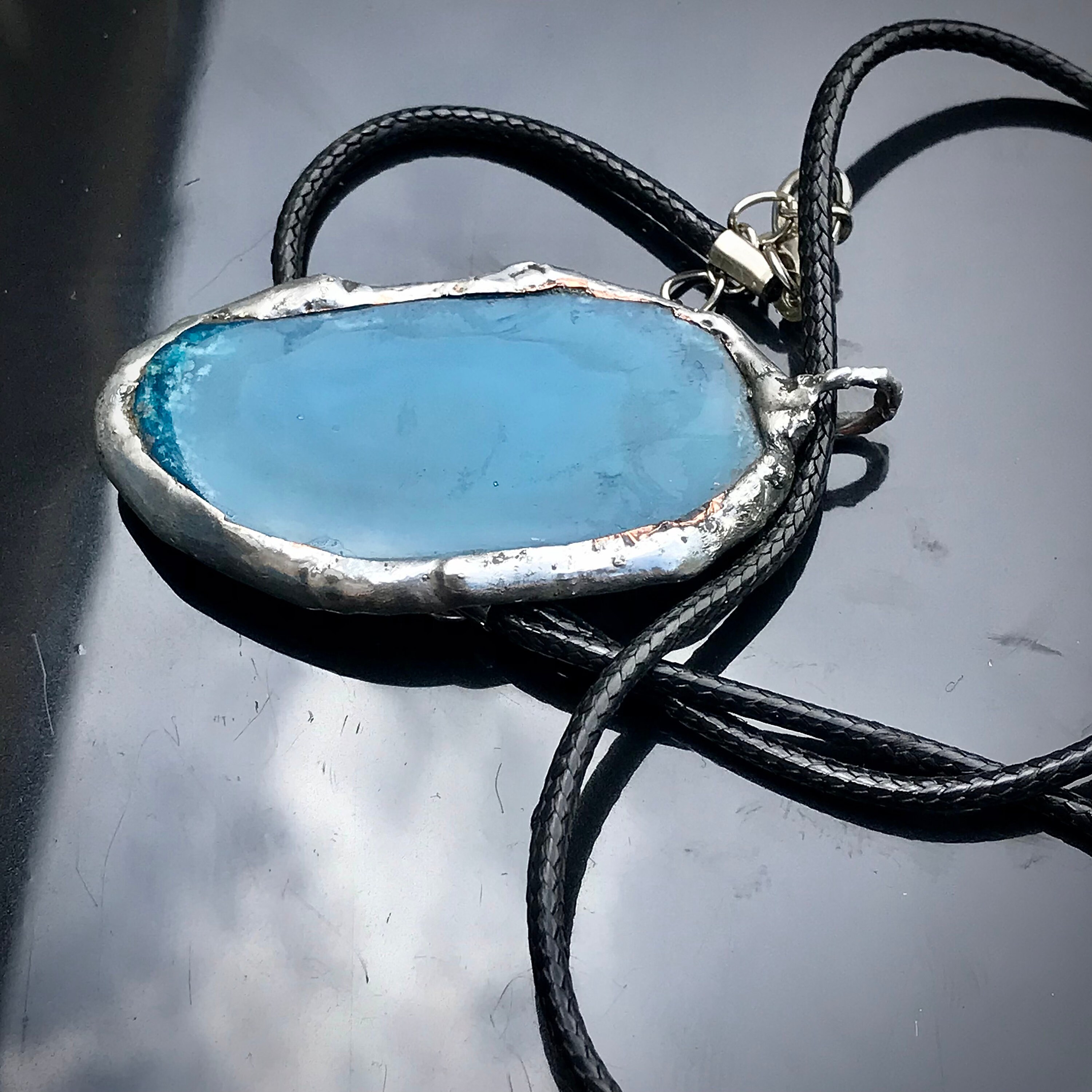 Soldered Blue Handmade Soldered Blue Agate Pendant With Black Synthetic Leather Cord ...