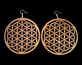 3 inch Flower of life sacred geo wood earrings