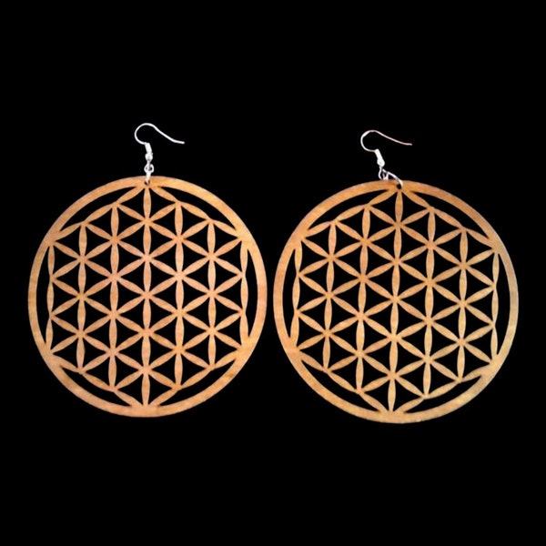 3 inch Flower of life sacred geo wood earrings