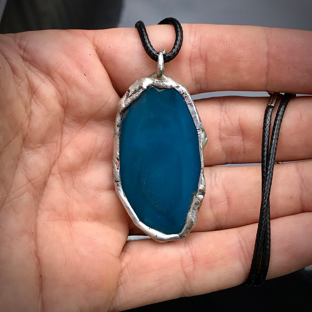 Soldered Blue Handmade Soldered Blue Agate Pendant With Black Synthetic Leather Cord ...