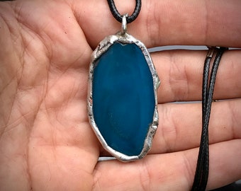 Handmade Soldered blue agate pendant with black synthetic leather cord necklace