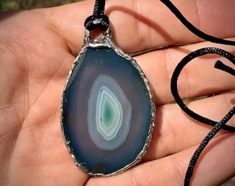 Handmade Soldered blue agate pendant with adjustable satin cord necklace