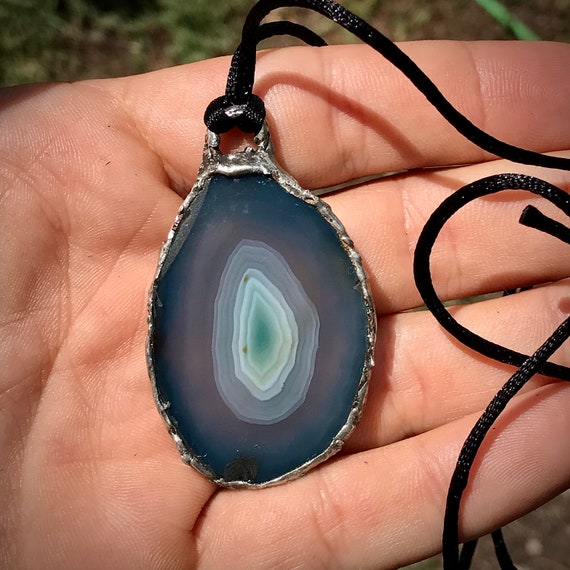Handmade Soldered blue agate pendant with adjustable satin cord necklace