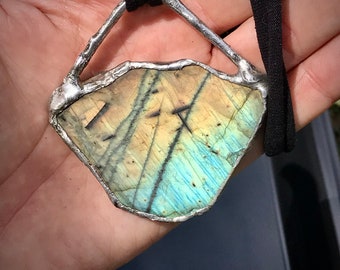 Handmade Large soldered labradorite pendant with adjustable cotton cord necklace