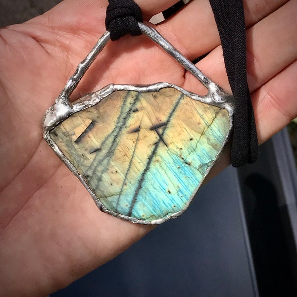 Handmade Large soldered labradorite pendant with adjustable cotton cord necklace
