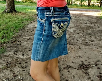 Large rhinestone denim skirt cheap