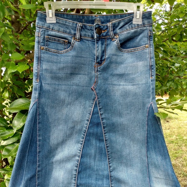 Upcycled Jean Skirt For Girls, Denim Skirts For Little Girls, Knee Length Skirts, Modest Jean Skirts