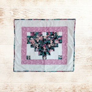 Handmade  22&quot;x19&quot; Wall Hanging, Pieced Quilted Wall Hanging, Small Heart Wall Hanging, Pink and Green Wall Hanging,Floral Quilted Wall decor