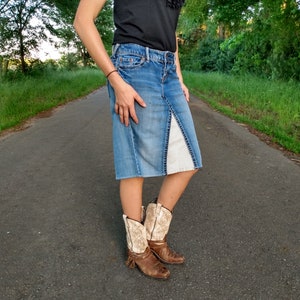 Denim skirt top knee length online