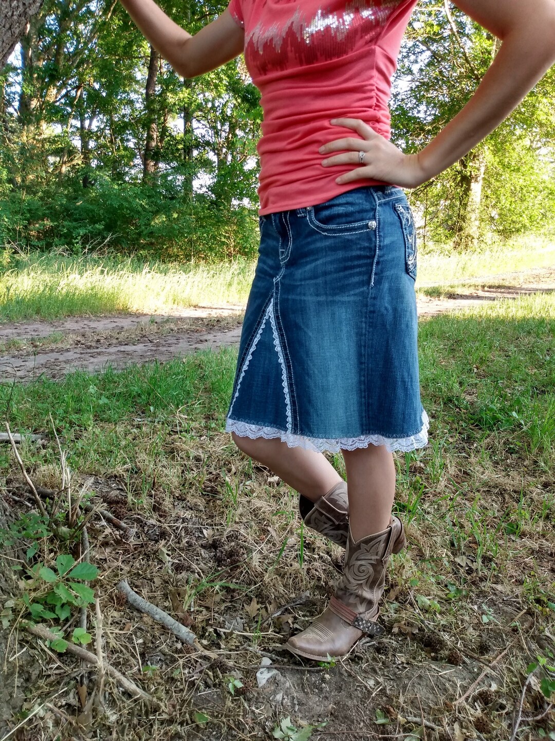 Handmade Denim Skirt: Upcycled Missme & Grace in LA Jeans, Lace