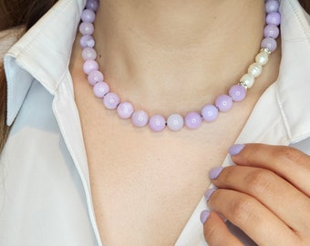 Collar y pendientes de jade púrpura natural y perlas de agua dulce, regalo para ella, joyería hecha a mano, joyería curativa, joyería delicada y delicada de piedras preciosas