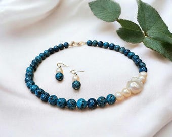 Conjunto de collar y pendientes de perlas de agua dulce irregulares hechos a mano, regalo de joyería único, joyería minimalista para uso diario, regalo para ella.