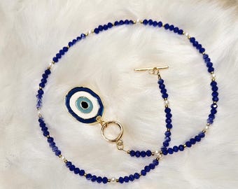 Collar de cristal azul con ojo malvado: colgante de aleación, joya protectora