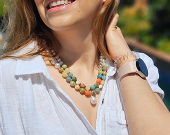 Collar de perlas de dos capas: colgante de gota de agua con cuentas de piedras preciosas