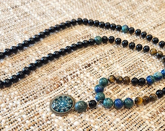 Collar de cuentas de azurita y malaquita hecho a mano: joyería bohemia de estilo vintage