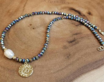 Gargantilla de cuentas de semillas hecha a mano: cristal, perla de agua dulce