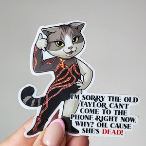 May include: A sticker featuring a cartoon cat with a black and red lava-like outfit, giving a thumbs up. The text reads "I'm sorry the old Taylor can't come to the phone right now. Why? Oh, cause she's dead!"