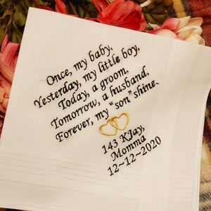 Wedding gift for my son, Embroidered Wedding Handkerchief for son, To my son on his wedding day gift, personalized handkerchief