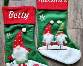 Gnome Christmas stockings, Personalized Christmas Stockings, Monogram Stocking, Personalised Family Holiday Stocking, Printed Name