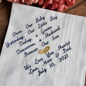 To my son on his wedding day, wedding gift for my son, Embroidered Wedding Handkerchief, Wedding Handkerchief, personalized pocket square