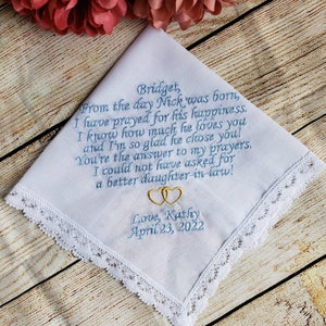 To my daughter-in-law, on her wedding day, Embroidered Wedding Handkerchief to daughter-in-law, wedding gift, personalized hanky