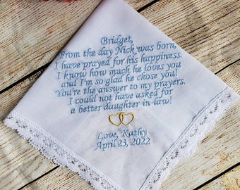 To my daughter-in-law, on her wedding day, Embroidered Wedding Handkerchief to daughter-in-law, wedding gift, personalized hanky