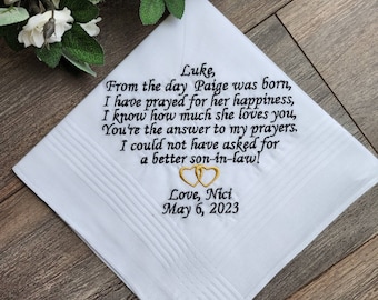 To my son-in-law, on his wedding day, wedding gift for my son-in-law, Embroidered Wedding Handkerchief, wedding gift, personalized hanky