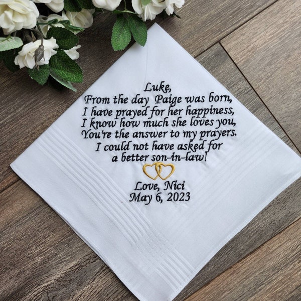 To my son-in-law, on his wedding day, wedding gift for my son-in-law, Embroidered Wedding Handkerchief, wedding gift, personalized hanky