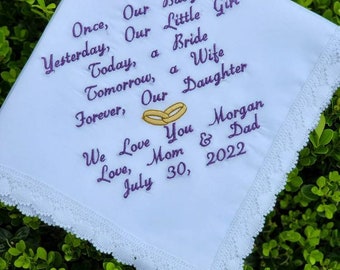 Wedding Handkerchief for daughter, to my daughter on her wedding day, wedding gift for daughter, Embroidered Wedding Handkerchief