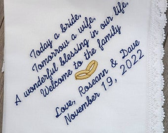 To my daughter-in-law on her wedding day, wedding gift for daughter-in-law, Embroidered Wedding Handkerchief, wedding gift keepsake