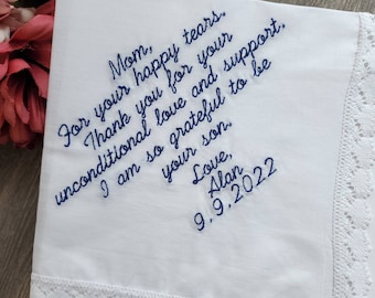 To my mother on my wedding day wedding gift for my mother-in-law, Embroidered Wedding Handkerchief, Wedding Handkerchief, wedding gift