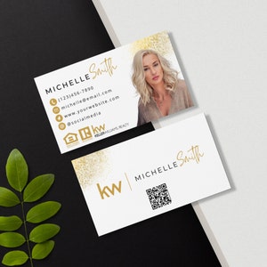 Cartões de visitas imobiliários | Cartões de visitas de alta qualidade de Keller Williams | Grosso 16PT | Design Branco e Dourado | Código QR | Marketing para corretor de imóveis