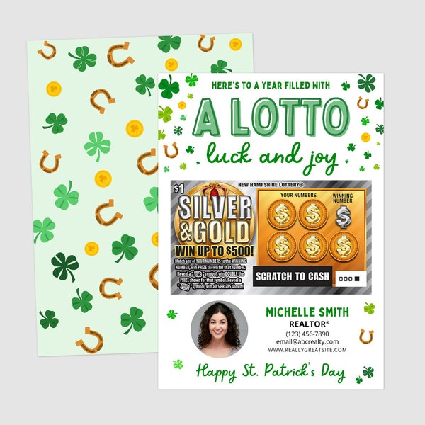 Printed Here's To A Lotto Luck and Joy - Real Estate, Insurance, Mortgage - 50 Custom St. Patrick's Day Cards - Attach Scratch Off Tickets