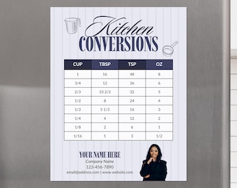 May include: A rectangular kitchen conversions chart magnet with a blue and white striped background. The chart lists measurements for cups, tablespoons, teaspoons, and ounces. The text "Kitchen Conversions" is at the top.