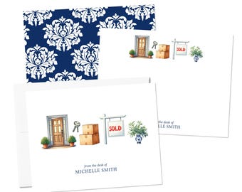 May include: A set of white stationery cards featuring a watercolor illustration of a front door, keys, moving boxes, a sold sign, and a potted plant. The text "from the desk of MICHELLE SMITH" is printed in blue at the bottom of each card.
