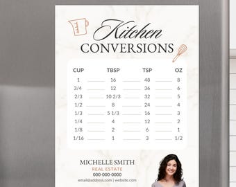 May include: A kitchen conversion chart magnet with the words "Kitchen Conversions" at the top. The chart lists conversions for cups, tablespoons, teaspoons, and ounces. The bottom of the magnet has a real estate agent's information.