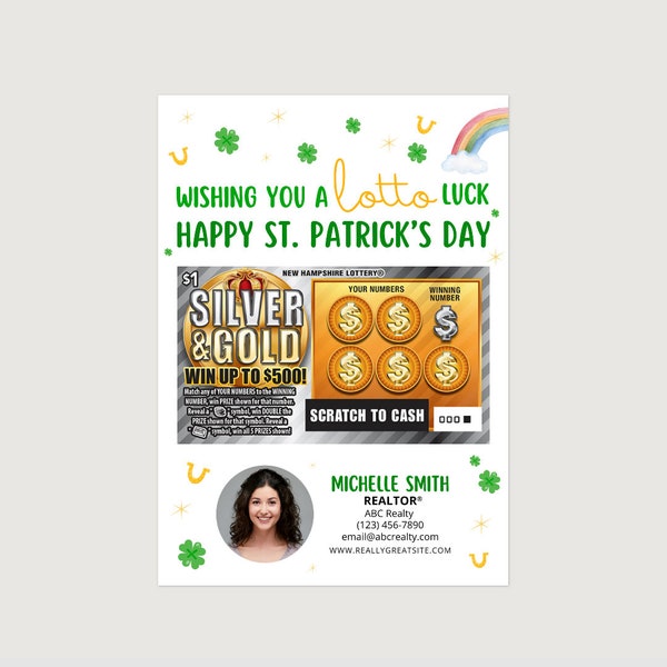 Printed Wishing You A Lotto Luck - Real Estate, Insurance, Mortgage - 50 Custom St. Patrick's Day Cards - Attach Scratch Off Tickets