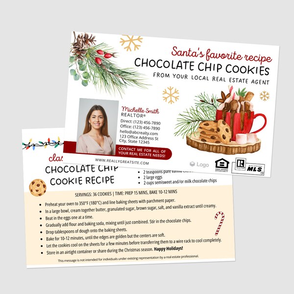 Gedruckte Weihnachts-Immobilienpostkarten – 50 personalisierte Mailer – KOSTENLOSER Versand – Chocolate-Chip-Rezept