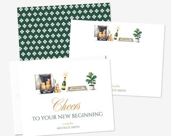 May include: A set of stationery featuring a moving truck with boxes, a champagne bottle, a welcome mat, and a potted plant. The text reads Cheers TO YOUR NEW BEGINNING a note from MICHELLE SMITH. Includes a dark green envelope with a white floral pattern.
