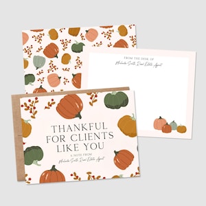 May include: A set of stationery cards and a brown envelope featuring a pattern of orange, green, and tan pumpkins with brown sprigs. One card reads Thankful for clients like you, a note from Michelle Smith, Real Estate Agent. Another reads From the desk of Michelle Smith, Real Estate Agent.