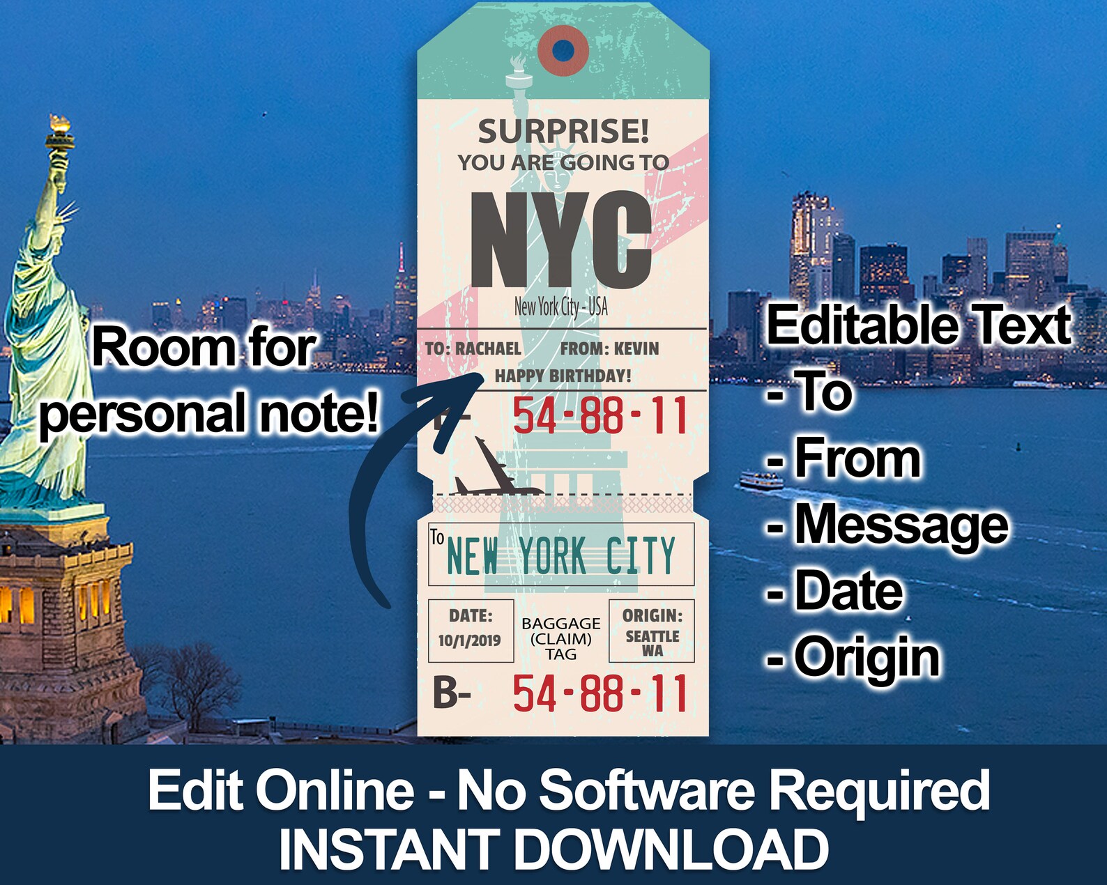 New York Surprise Trip Ticket Editable Ticket Printable Etsy