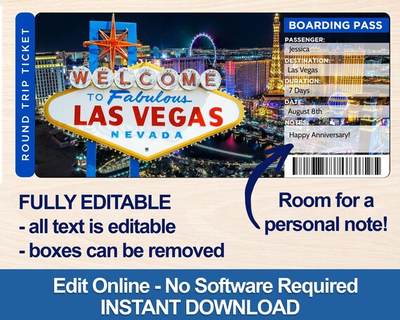 Las Vegas Trip Ticket Las Vegas Ticket Editable Ticket Template Surprise Ticket Vegas Vacation Tickets Boarding Pass Printable Ticket