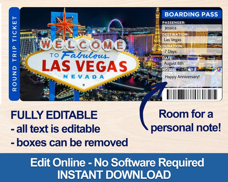 Las Vegas Trip Ticket Las Vegas Ticket Editable Ticket Etsy