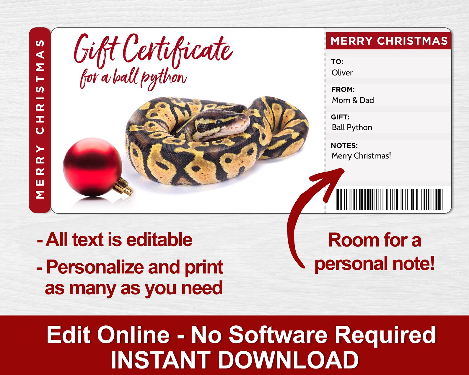 Printable Ball Python Gift Certificate Template Python Gift - Etsy