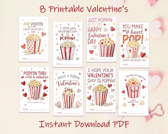 Printable Valentine Cards, Poppin By Popcorn Classroom Valentine Cards, Popcorn School Valentine, Valentine's Day Tags, Instant Download
