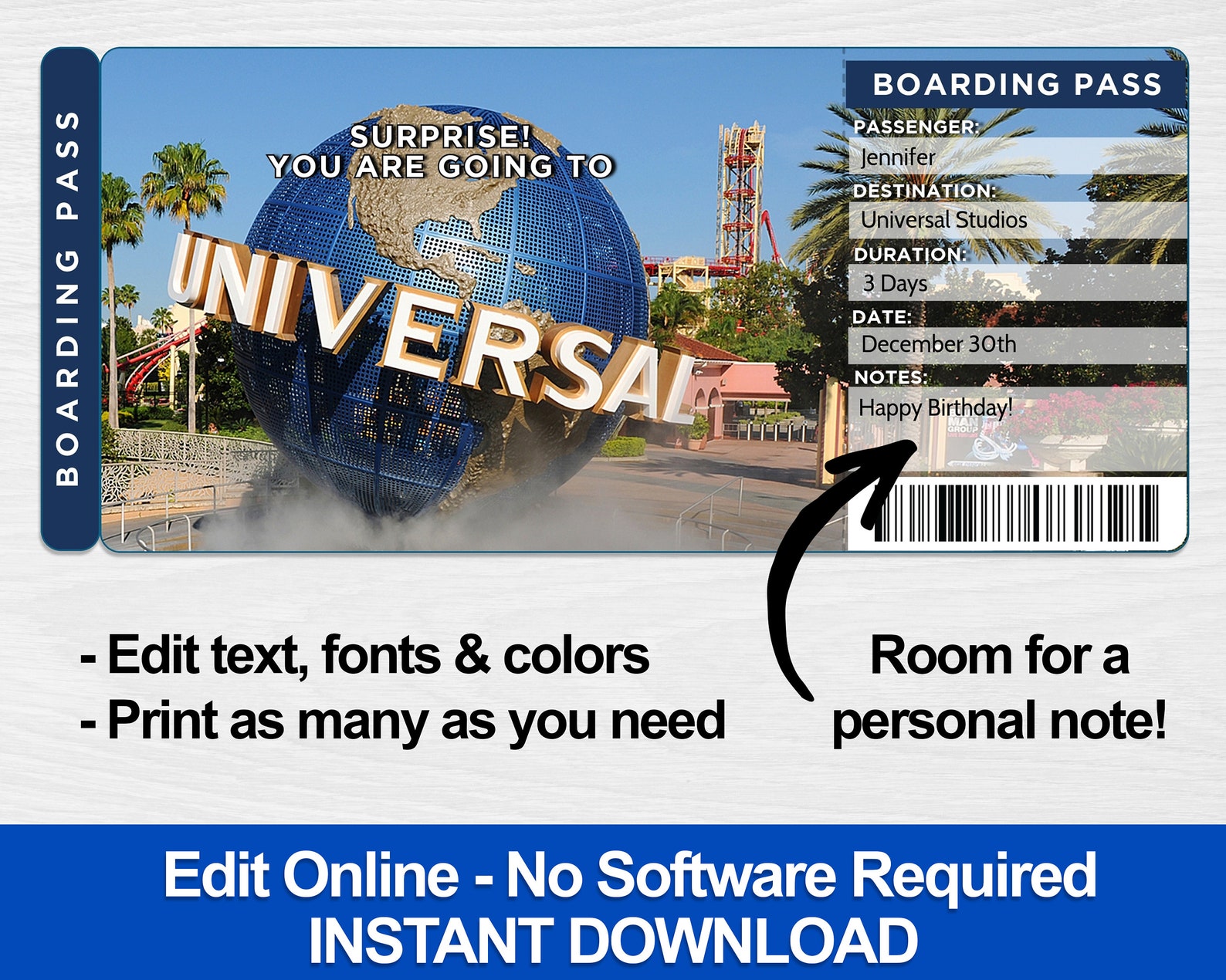 Printable Ticket To Universal Studios With Custom Name Surprise 