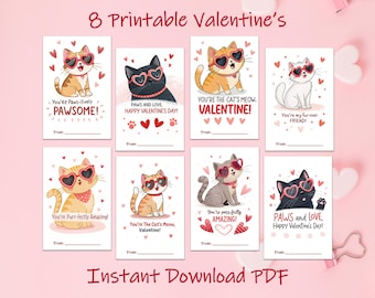 Printable Valentine Cards, Cats Classroom Valentine Cards, Cat School Valentine Cards For Kids, Valentine's Day Favor Tags, Instant Download
