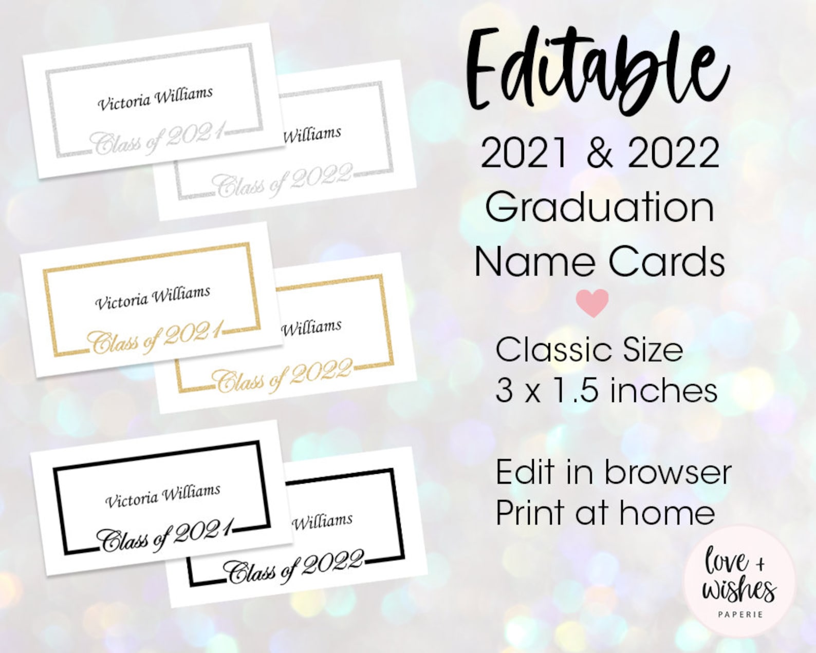 Printable Graduation Name Card Template Gold Silver Black Etsy Printable Graduation Name Card Template Gold Silver Black Etsy